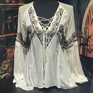 Free People Embroidered White Boho Top